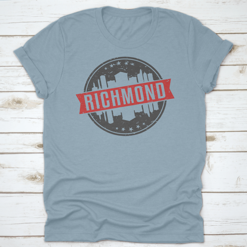 Richmond Virginia Round Travel Stamp Icon Skyline design on a cotton t-shirt, showcasing the city's skyline in a stylish and modern graphic.