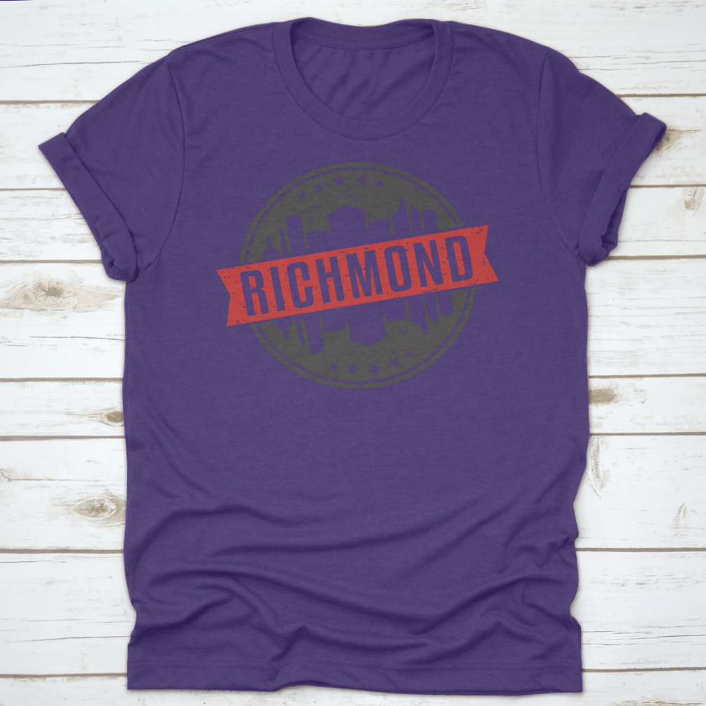 Richmond Virginia Round Travel Stamp Icon Skyline design on a cotton t-shirt, showcasing the city's skyline in a stylish and modern graphic.