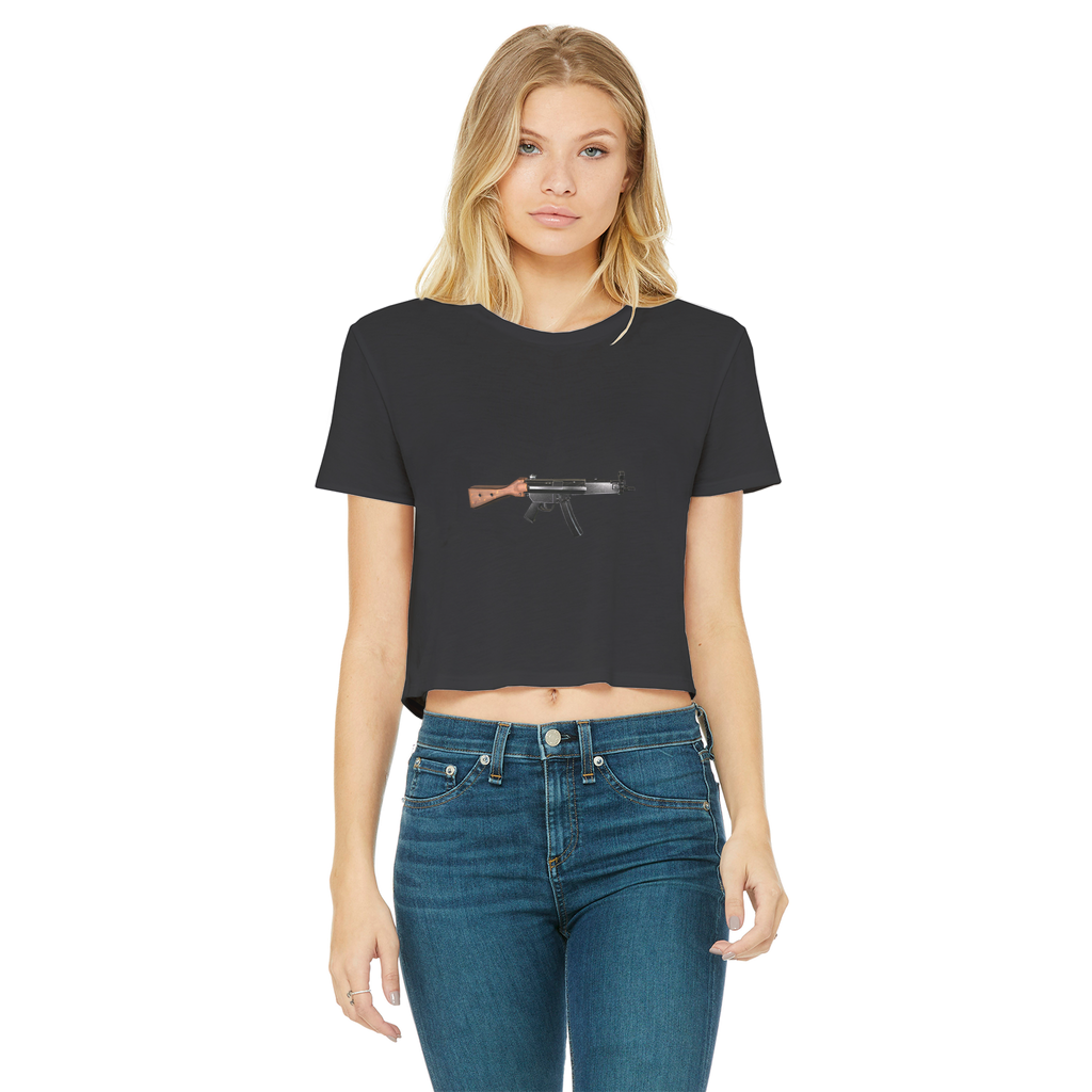Rifle Classic Women's Cropped Raw Edge T-Shirt in various colors, showcasing the round neck and raw edge hem design.