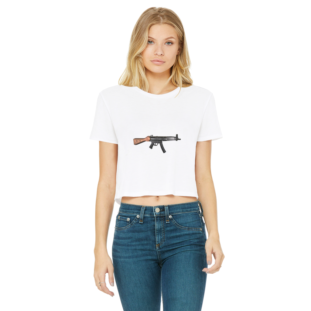 Rifle Classic Women's Cropped Raw Edge T-Shirt in various colors, showcasing the round neck and raw edge hem design.