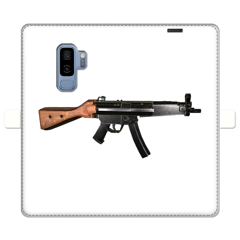 Rifle Fully Printed Wallet Case for iPhone and Samsung, featuring vibrant UV-printed designs and a magnetic closure.