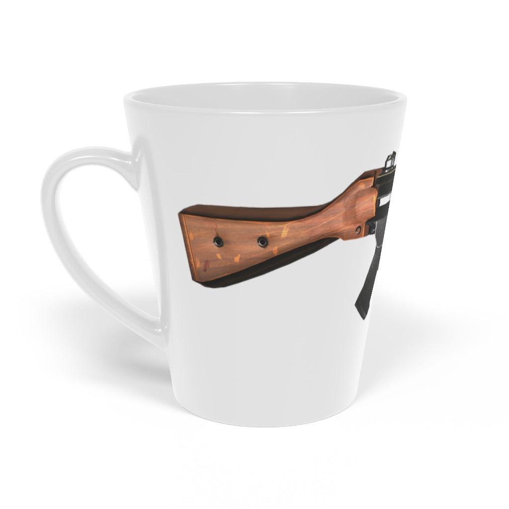 Rifle Latte Mug, 12oz, featuring a durable white ceramic body and easy-grip handle, perfect for enjoying hot beverages.