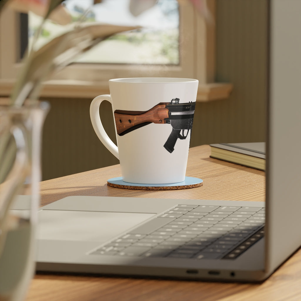 Rifle Latte Mug, 12oz, featuring a durable white ceramic body and easy-grip handle, perfect for enjoying hot beverages.