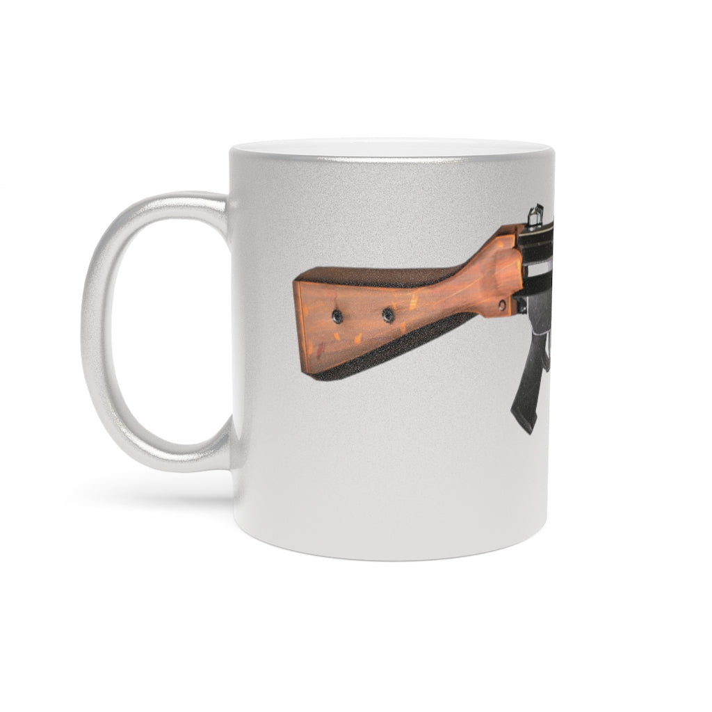 Rifle Metallic Mug in Silver and Gold with personalized design options, showcasing a sleek ceramic finish and comfortable C-handle.