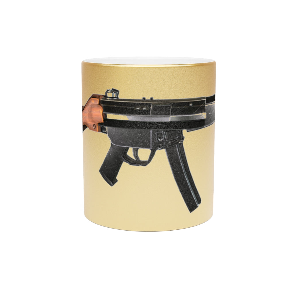 Rifle Metallic Mug in Silver and Gold with personalized design options, showcasing a sleek ceramic finish and comfortable C-handle.
