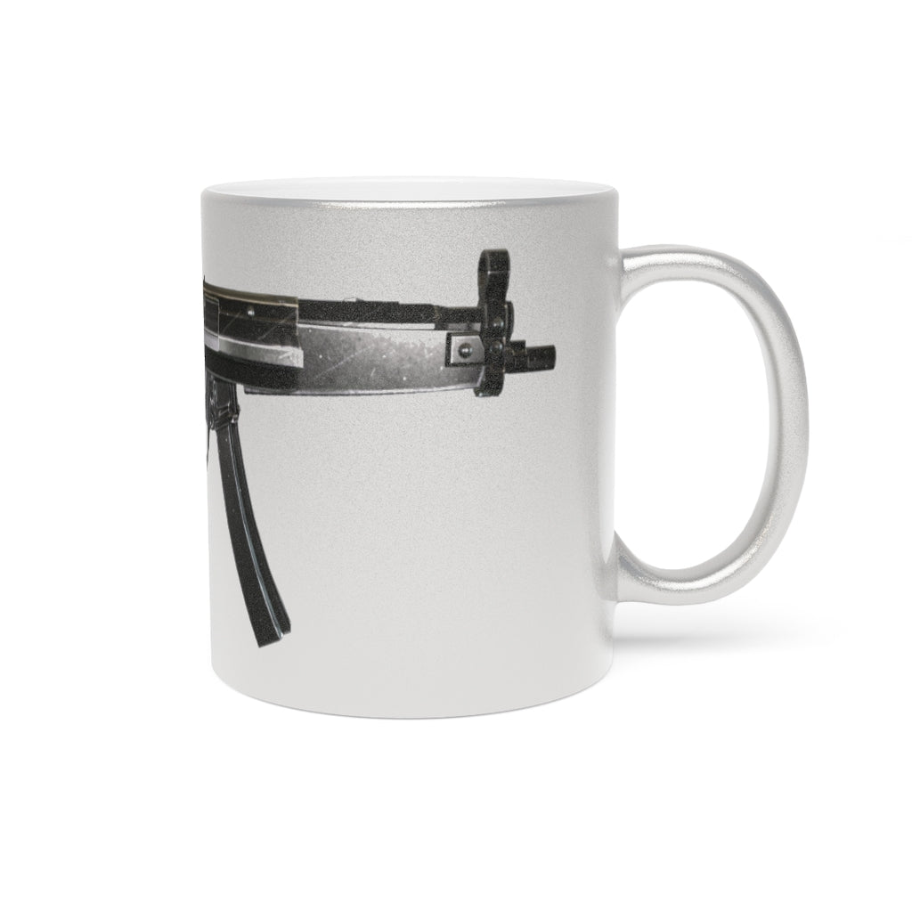 Rifle Metallic Mug in Silver and Gold with personalized design options, showcasing a sleek ceramic finish and comfortable C-handle.
