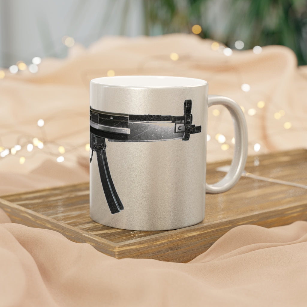 Rifle Metallic Mug in Silver and Gold with personalized design options, showcasing a sleek ceramic finish and comfortable C-handle.