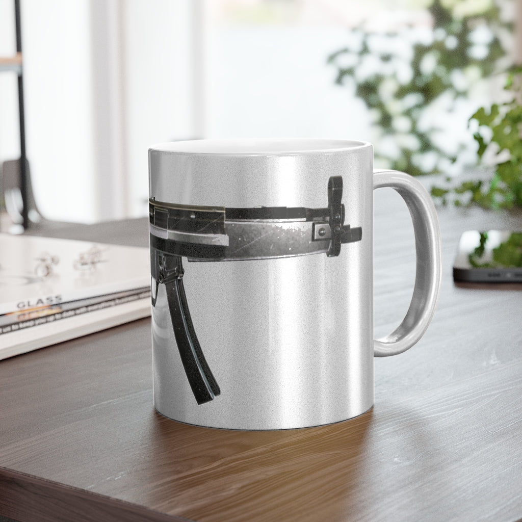 Rifle Metallic Mug in Silver and Gold with personalized design options, showcasing a sleek ceramic finish and comfortable C-handle.