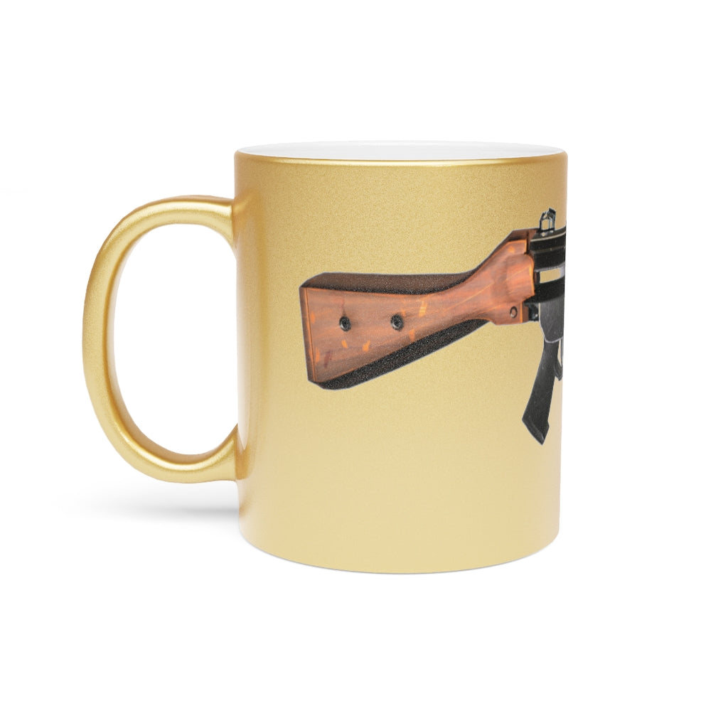 Rifle Metallic Mug in Silver and Gold with personalized design options, showcasing a sleek ceramic finish and comfortable C-handle.