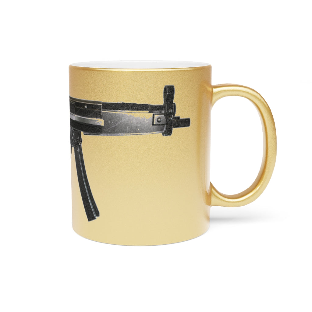 Rifle Metallic Mug in Silver and Gold with personalized design options, showcasing a sleek ceramic finish and comfortable C-handle.