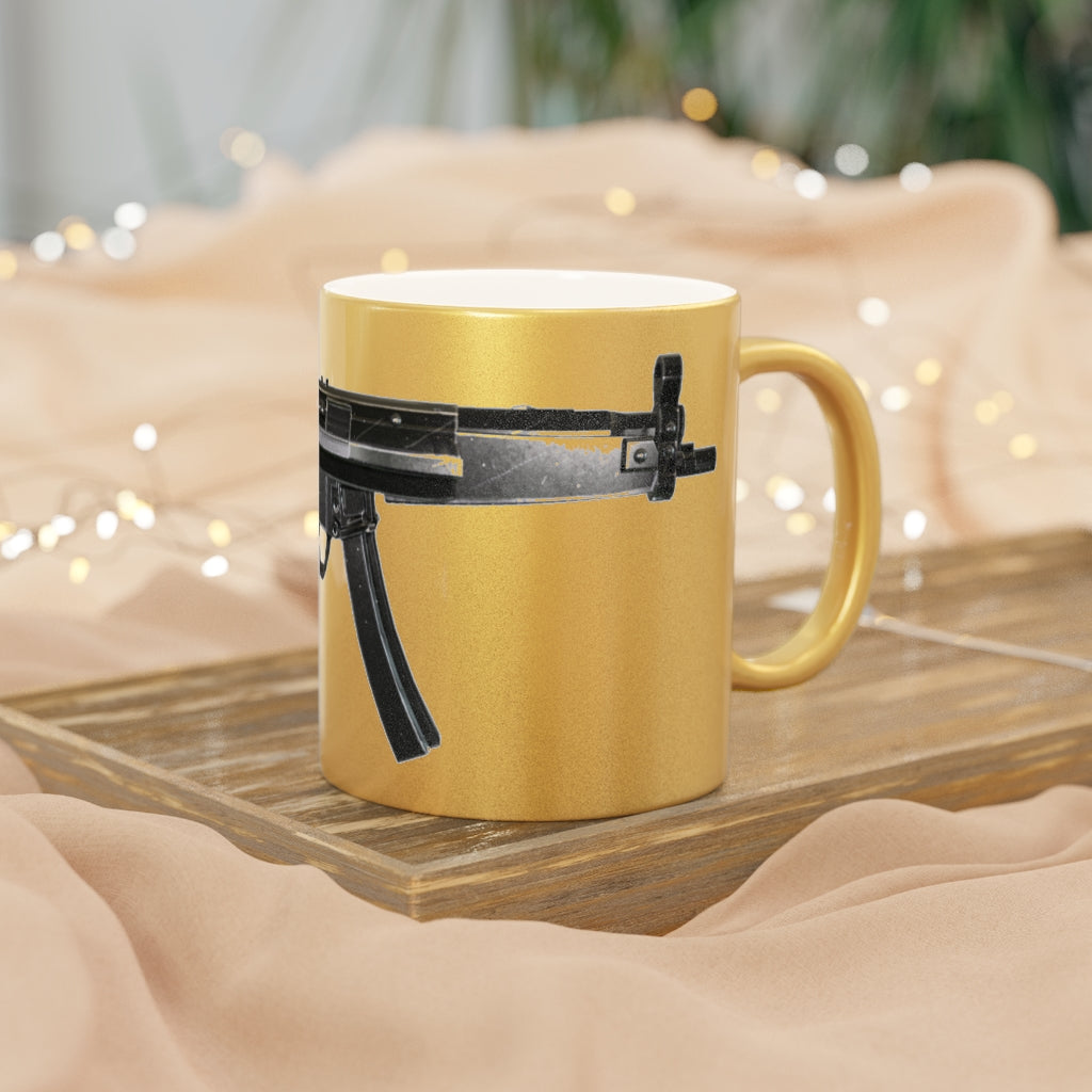 Rifle Metallic Mug in Silver and Gold with personalized design options, showcasing a sleek ceramic finish and comfortable C-handle.