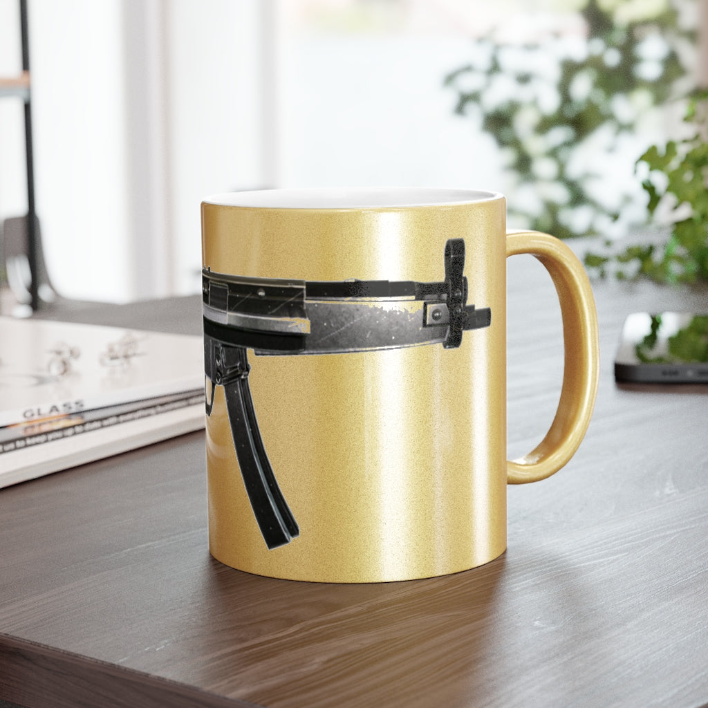 Rifle Metallic Mug in Silver and Gold with personalized design options, showcasing a sleek ceramic finish and comfortable C-handle.