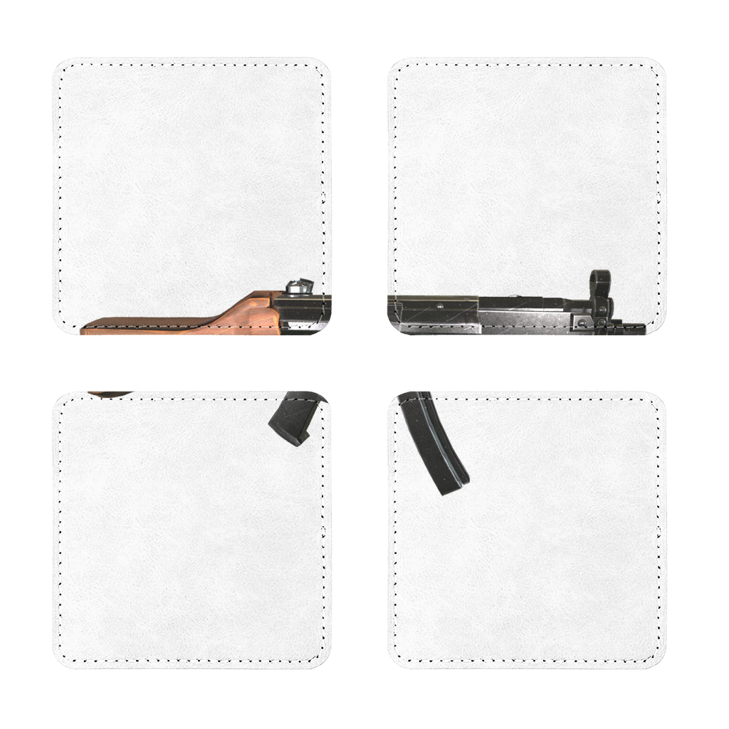 Pack of four Rifle Sublimation Coasters made from PU leather, featuring a white printable face and white stitching, available in square and round shapes.