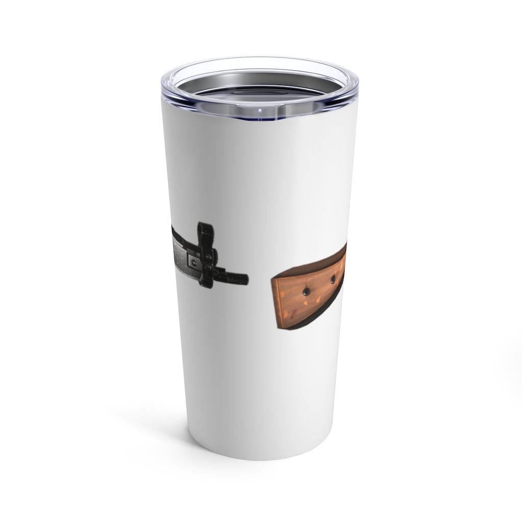 20oz stainless steel Rifle Tumbler with a see-thru plastic lid, perfect for travel and outdoor use.