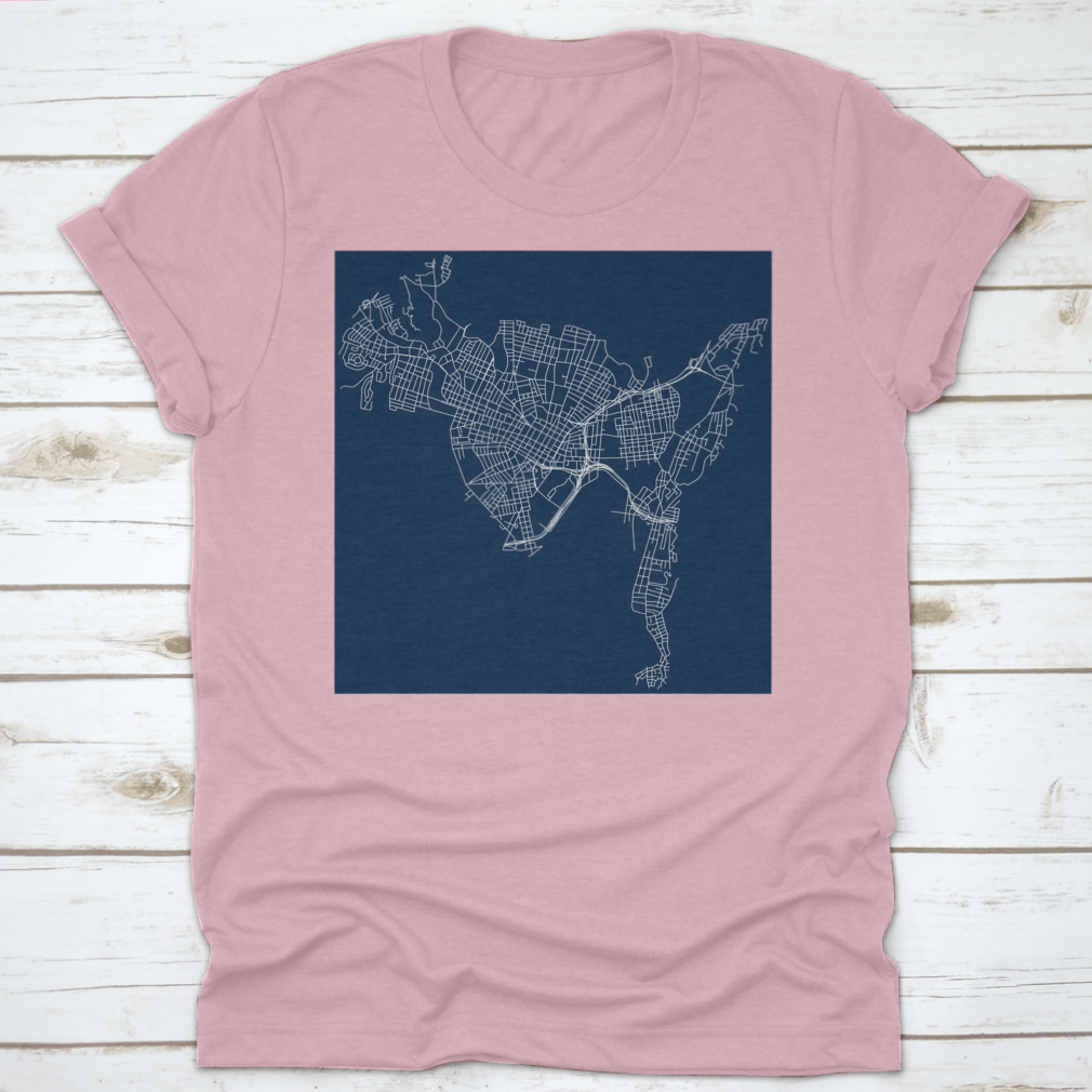 Vector outline graphic design of New Haven, Connecticut, showcasing detailed streets and landmarks.