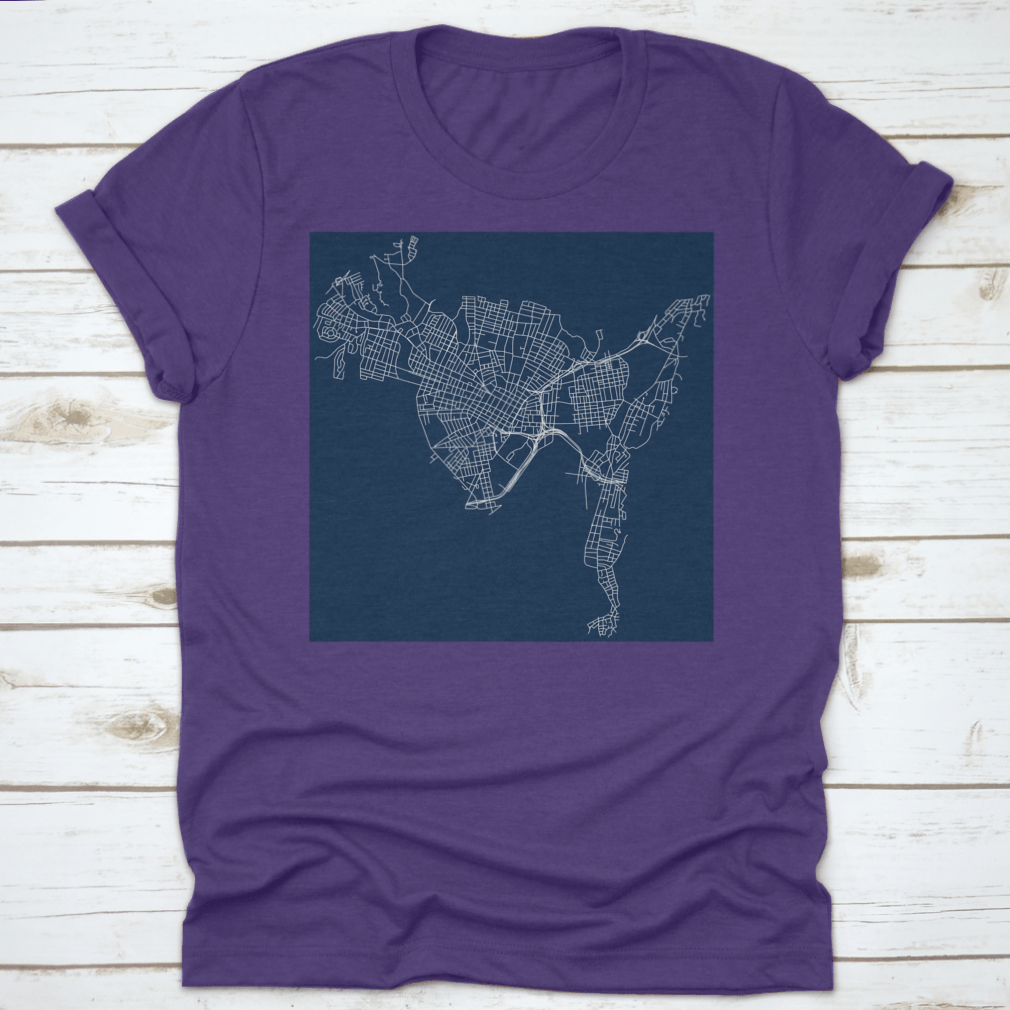 Vector outline graphic design of New Haven, Connecticut, showcasing detailed streets and landmarks.