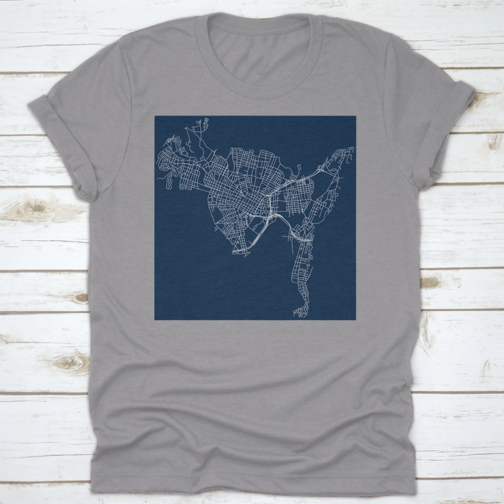 Vector outline graphic design of New Haven, Connecticut, showcasing detailed streets and landmarks.