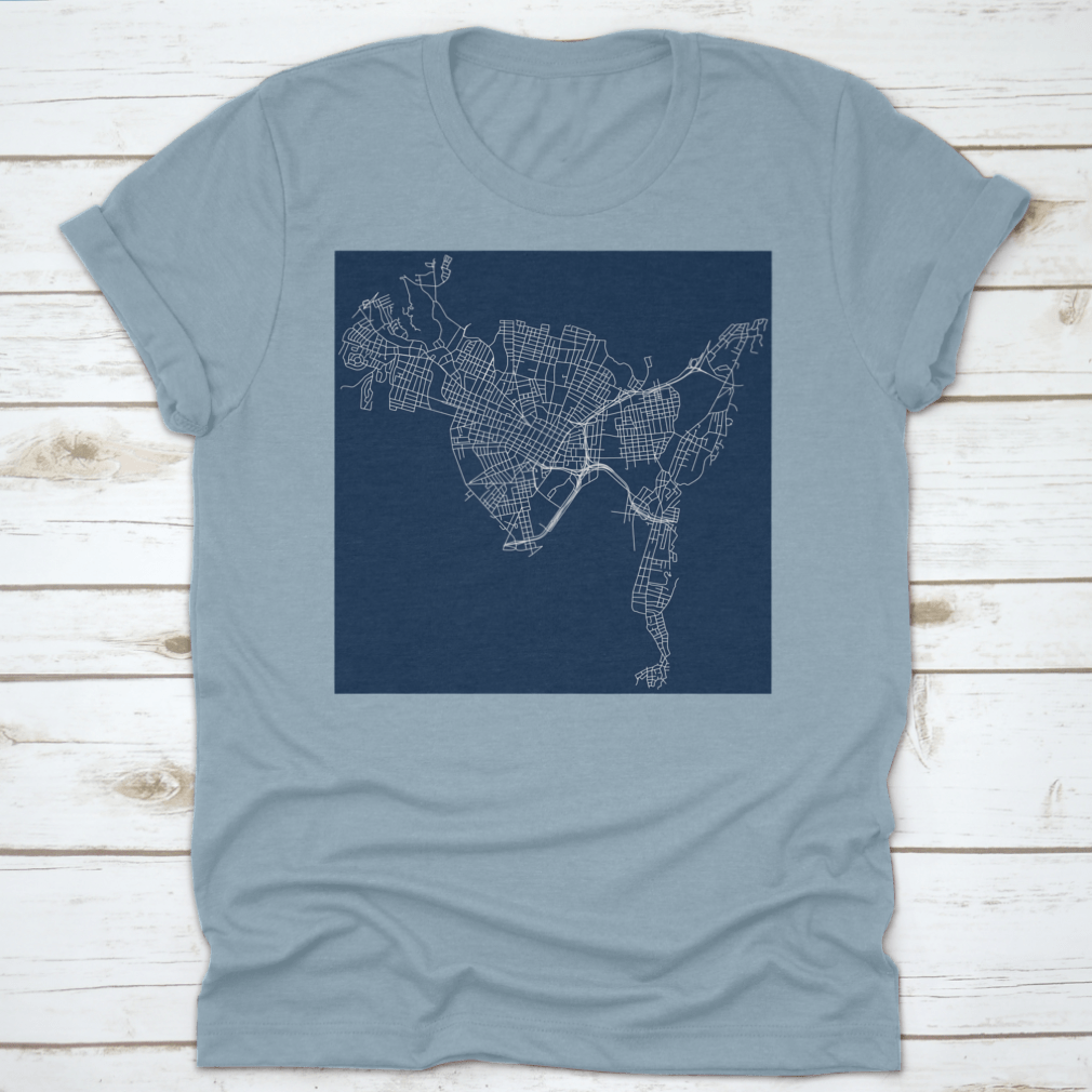 Vector outline graphic design of New Haven, Connecticut, showcasing detailed streets and landmarks.