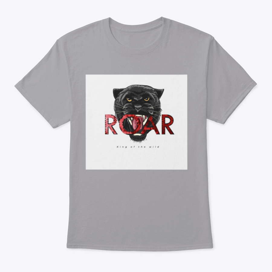 A stylish t-shirt featuring a glittery panther head illustration with the slogan 'Roar', made from soft cotton fabric.