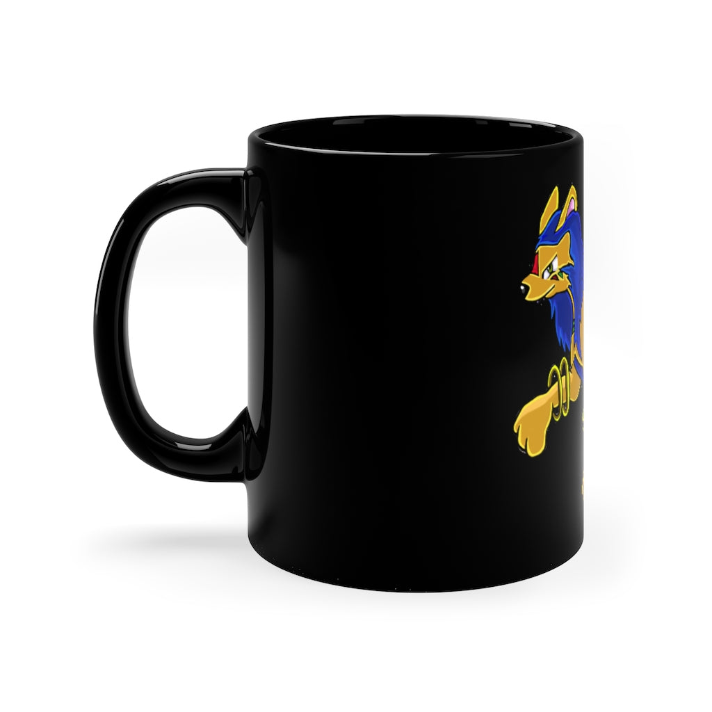 Roararing 11oz black ceramic mug with a sleek design, perfect for coffee, tea, or hot chocolate.