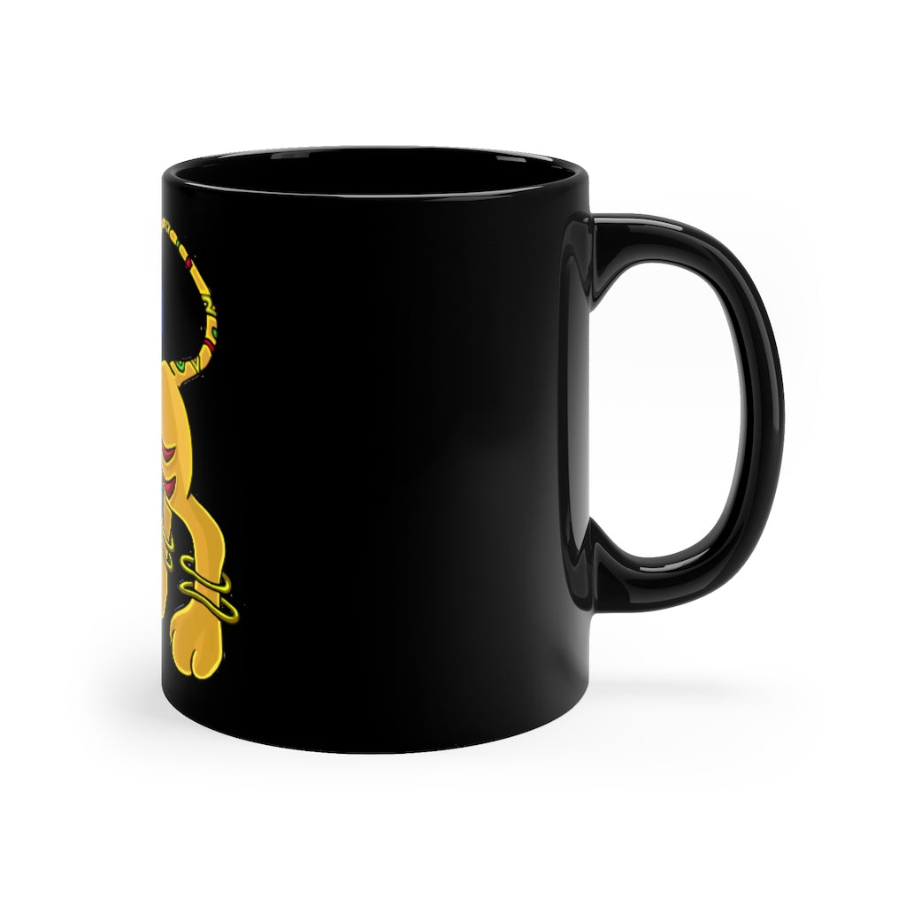Roararing 11oz black ceramic mug with a sleek design, perfect for coffee, tea, or hot chocolate.