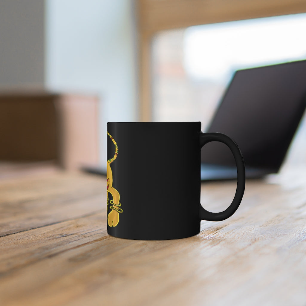 Roararing 11oz black ceramic mug with a sleek design, perfect for coffee, tea, or hot chocolate.