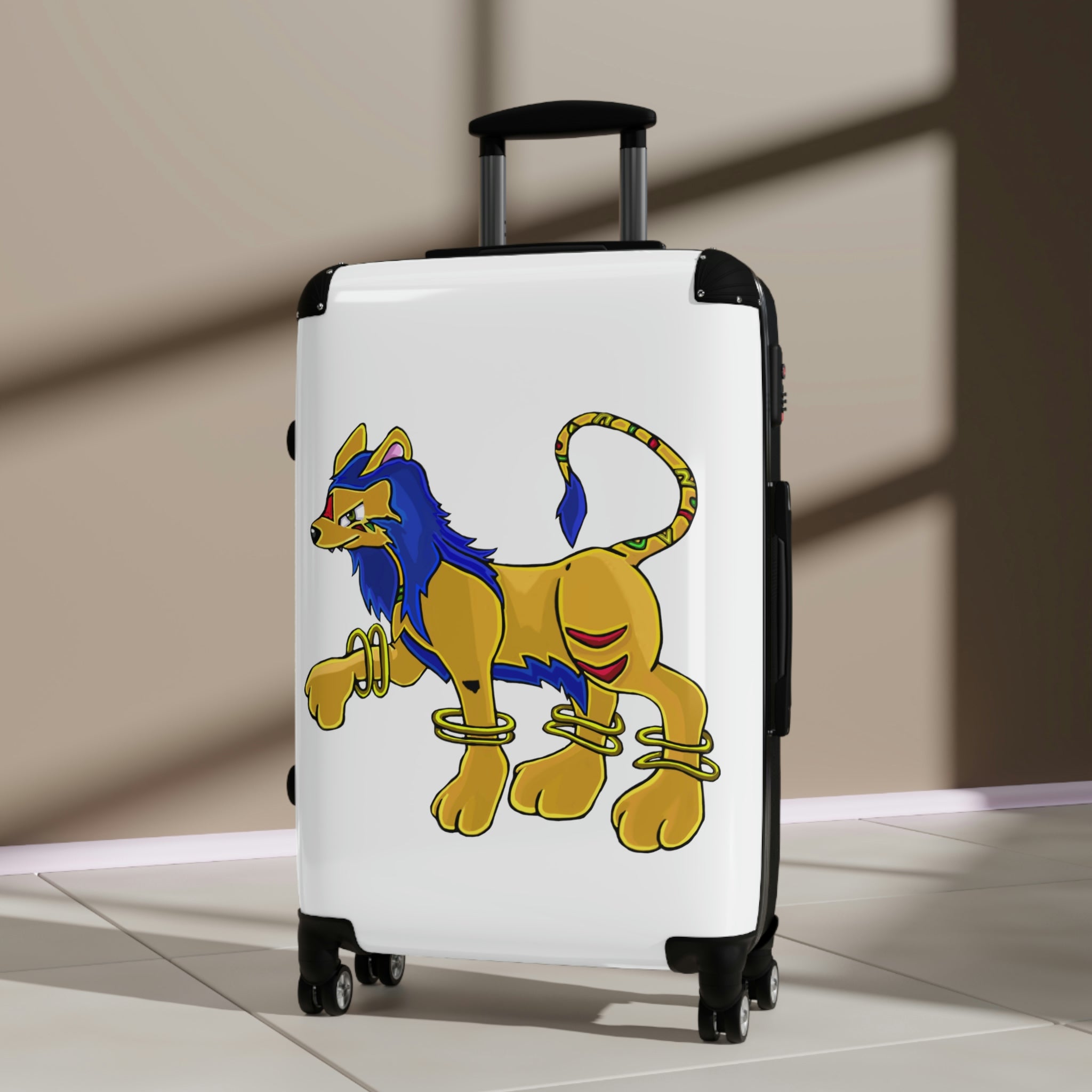 Roararing Cabin Suitcase featuring a personalized design, lightweight polycarbonate front, and ABS back, with adjustable handle and 360° swivel wheels.