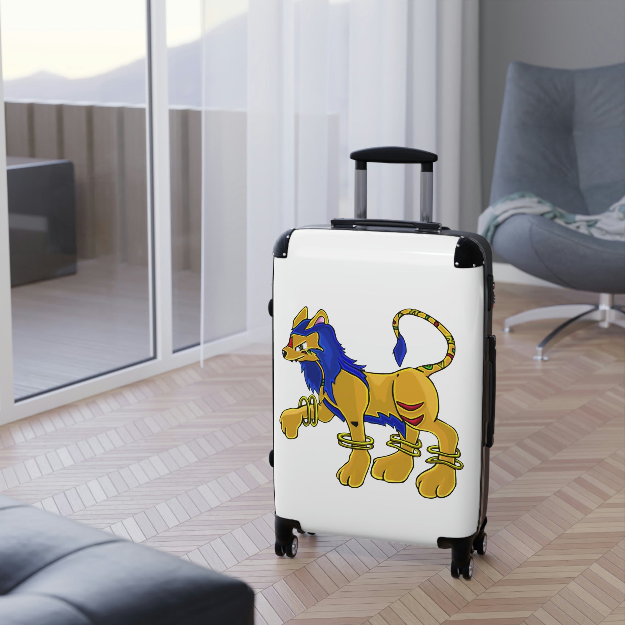 Roararing Cabin Suitcase featuring a personalized design, lightweight polycarbonate front, and ABS back, with adjustable handle and 360° swivel wheels.