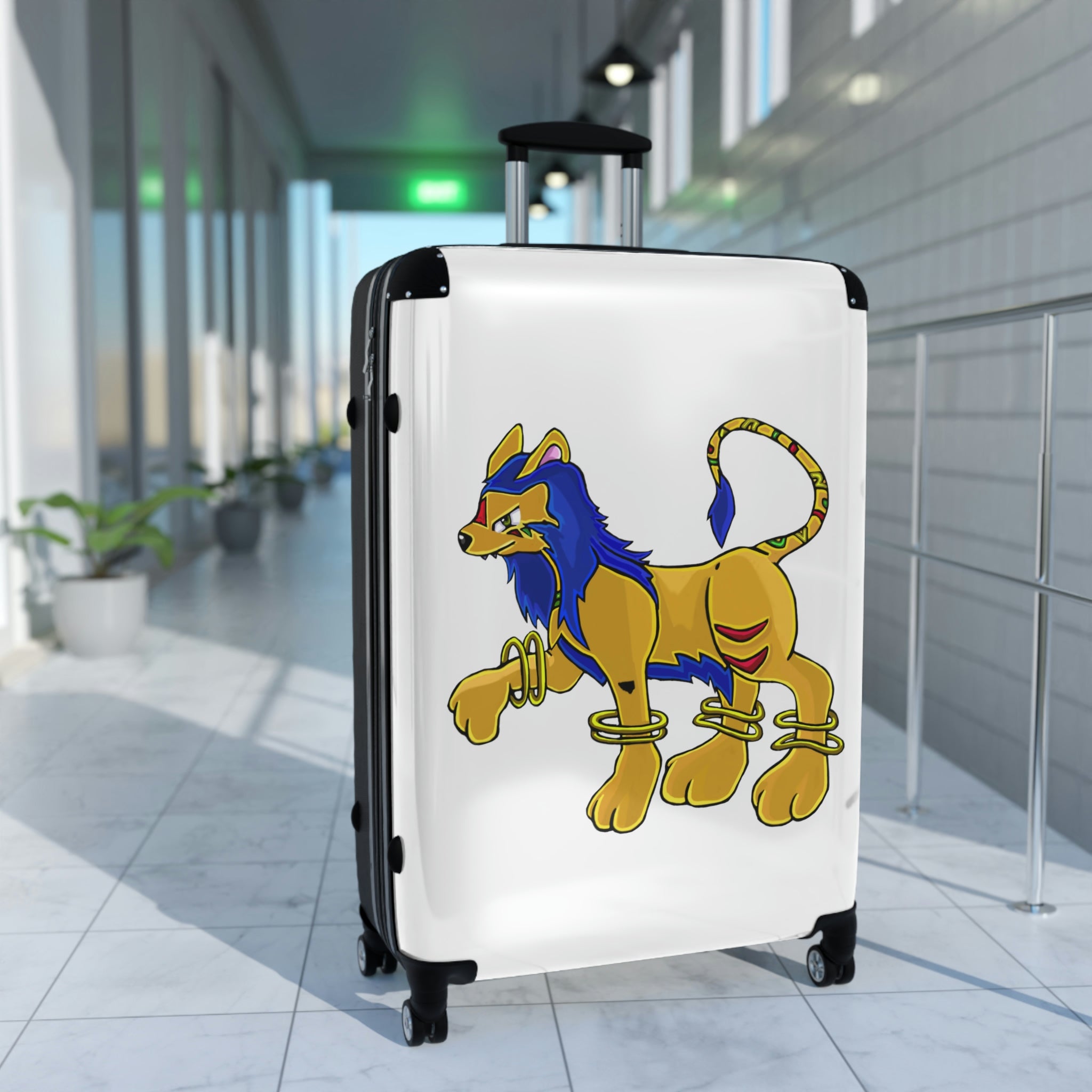 Roararing Cabin Suitcase featuring a personalized design, lightweight polycarbonate front, and ABS back, with adjustable handle and 360° swivel wheels.