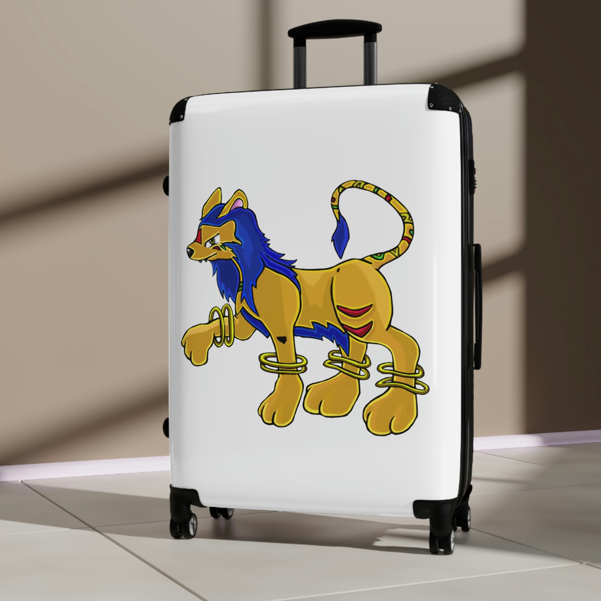 Roararing Cabin Suitcase featuring a personalized design, lightweight polycarbonate front, and ABS back, with adjustable handle and 360° swivel wheels.