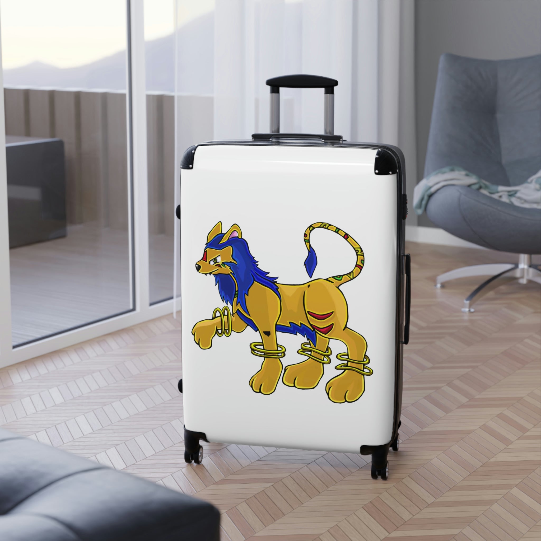 Roararing Cabin Suitcase featuring a personalized design, lightweight polycarbonate front, and ABS back, with adjustable handle and 360° swivel wheels.