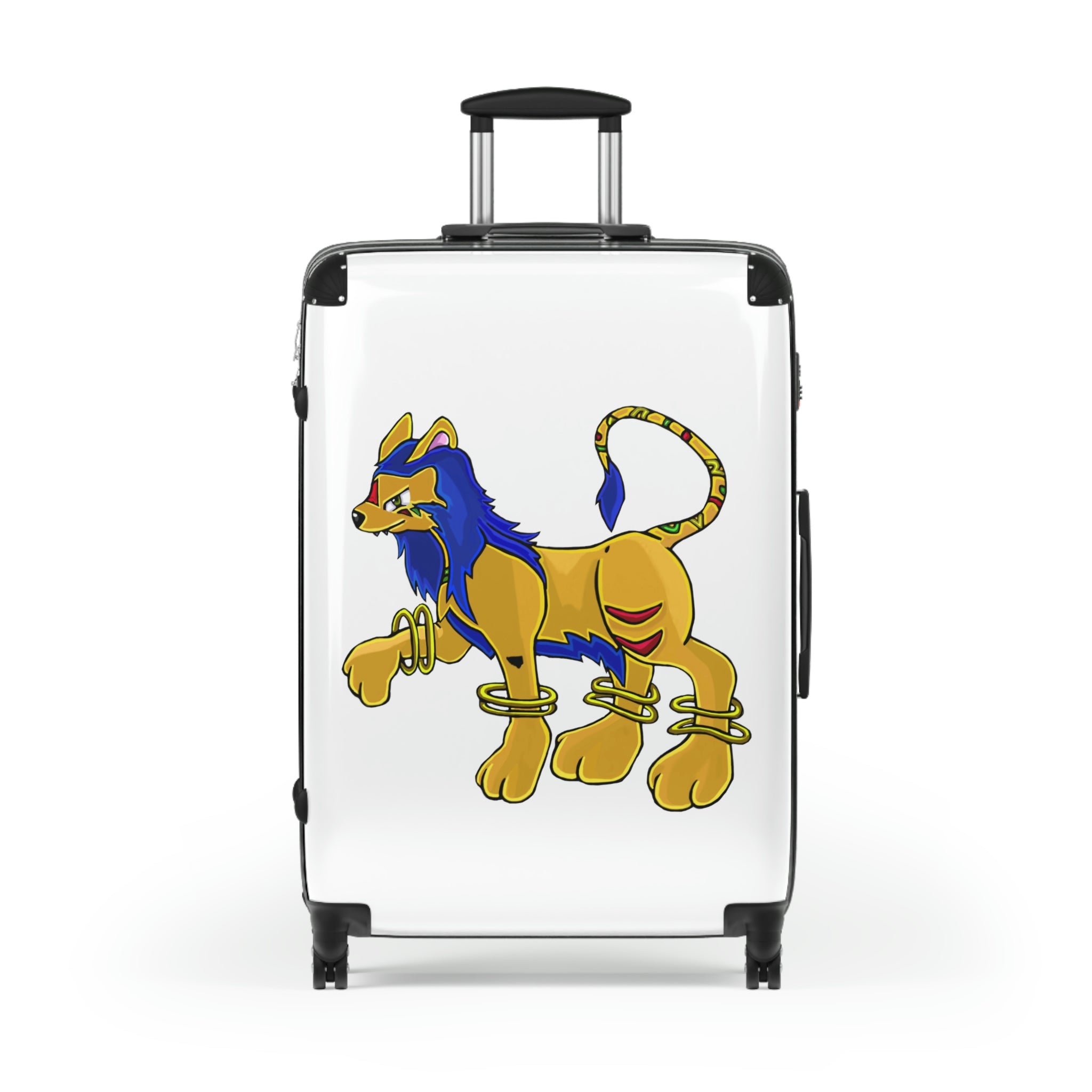 Roararing Cabin Suitcase featuring a personalized design, lightweight polycarbonate front, and ABS back, with adjustable handle and 360° swivel wheels.