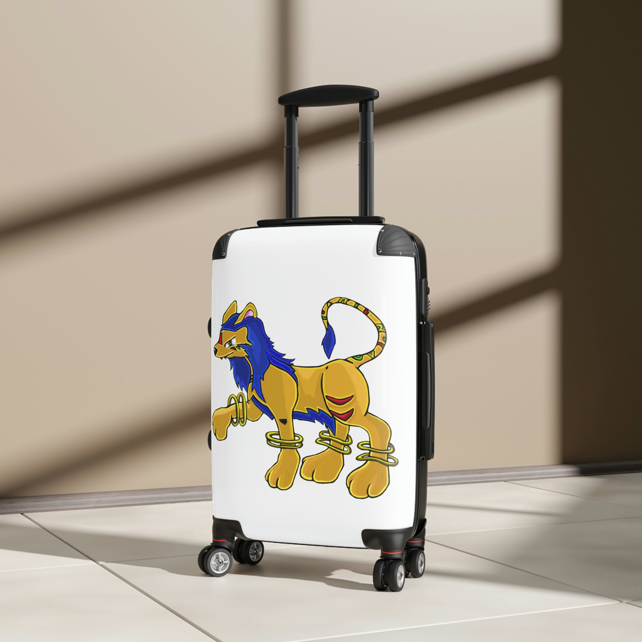 Roararing Cabin Suitcase featuring a personalized design, lightweight polycarbonate front, and ABS back, with adjustable handle and 360° swivel wheels.