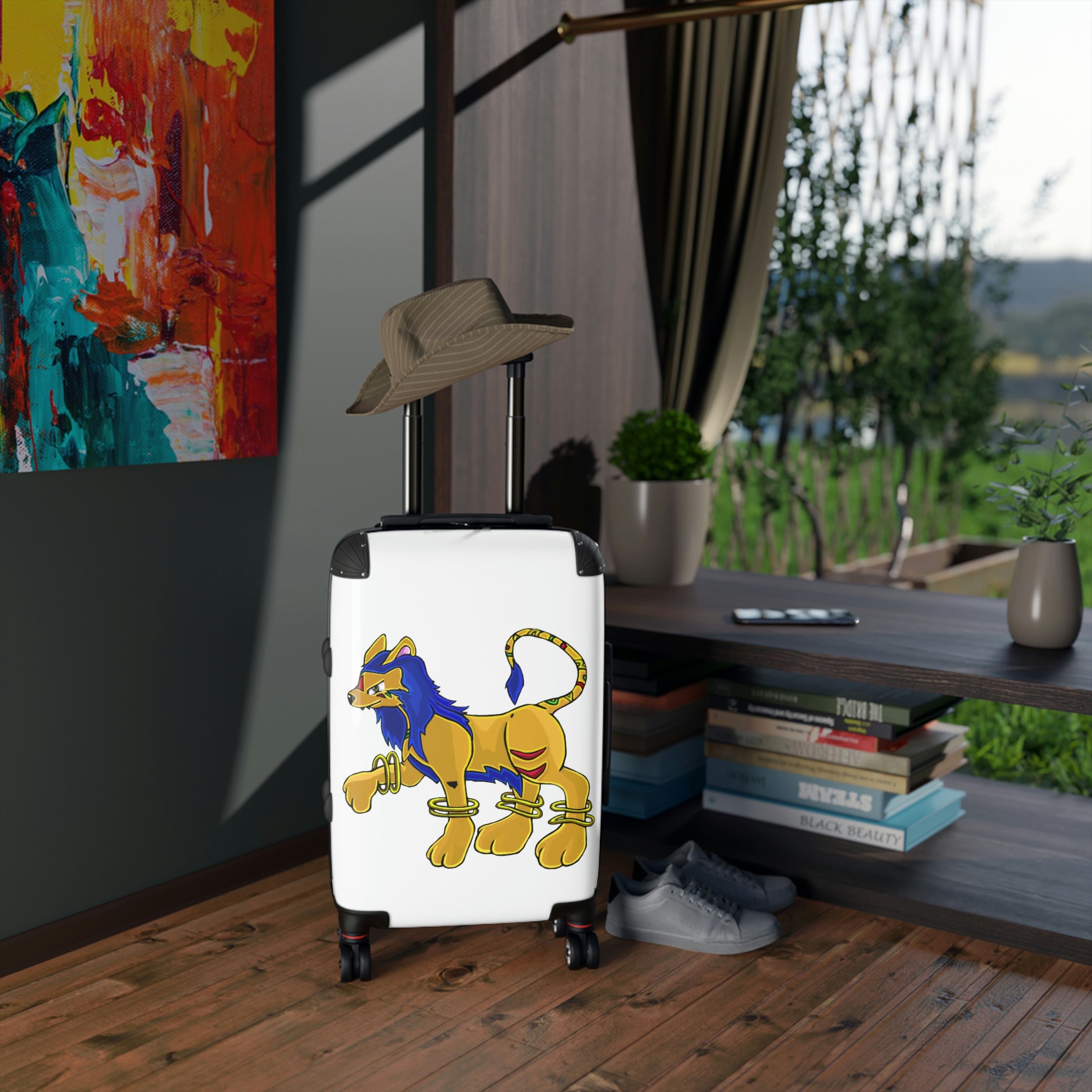 Roararing Cabin Suitcase featuring a personalized design, lightweight polycarbonate front, and ABS back, with adjustable handle and 360° swivel wheels.