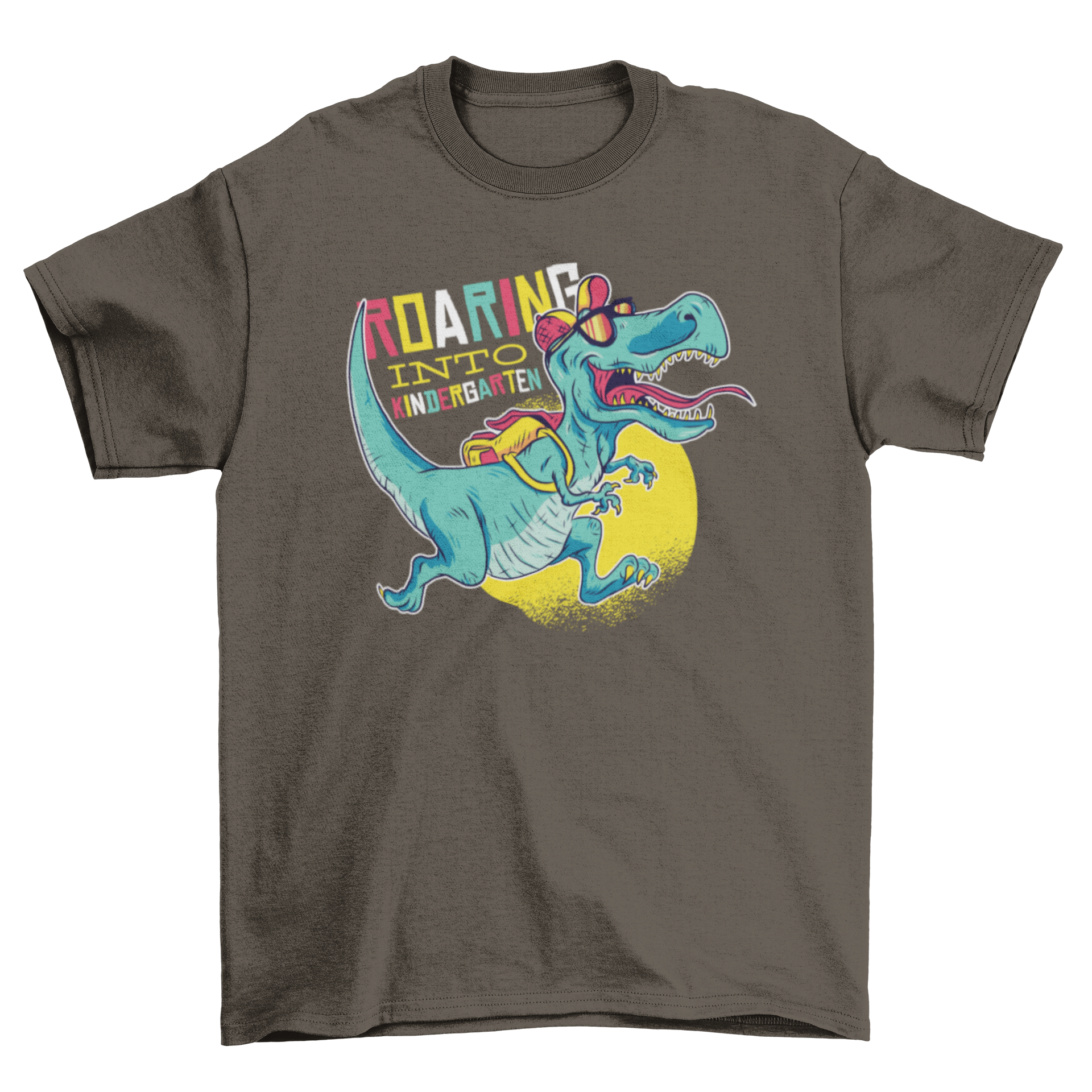 A colorful t-shirt featuring the phrase 'Roaring into Kindergarten' with a T-Rex wearing a hat, sunglasses, and a backpack.