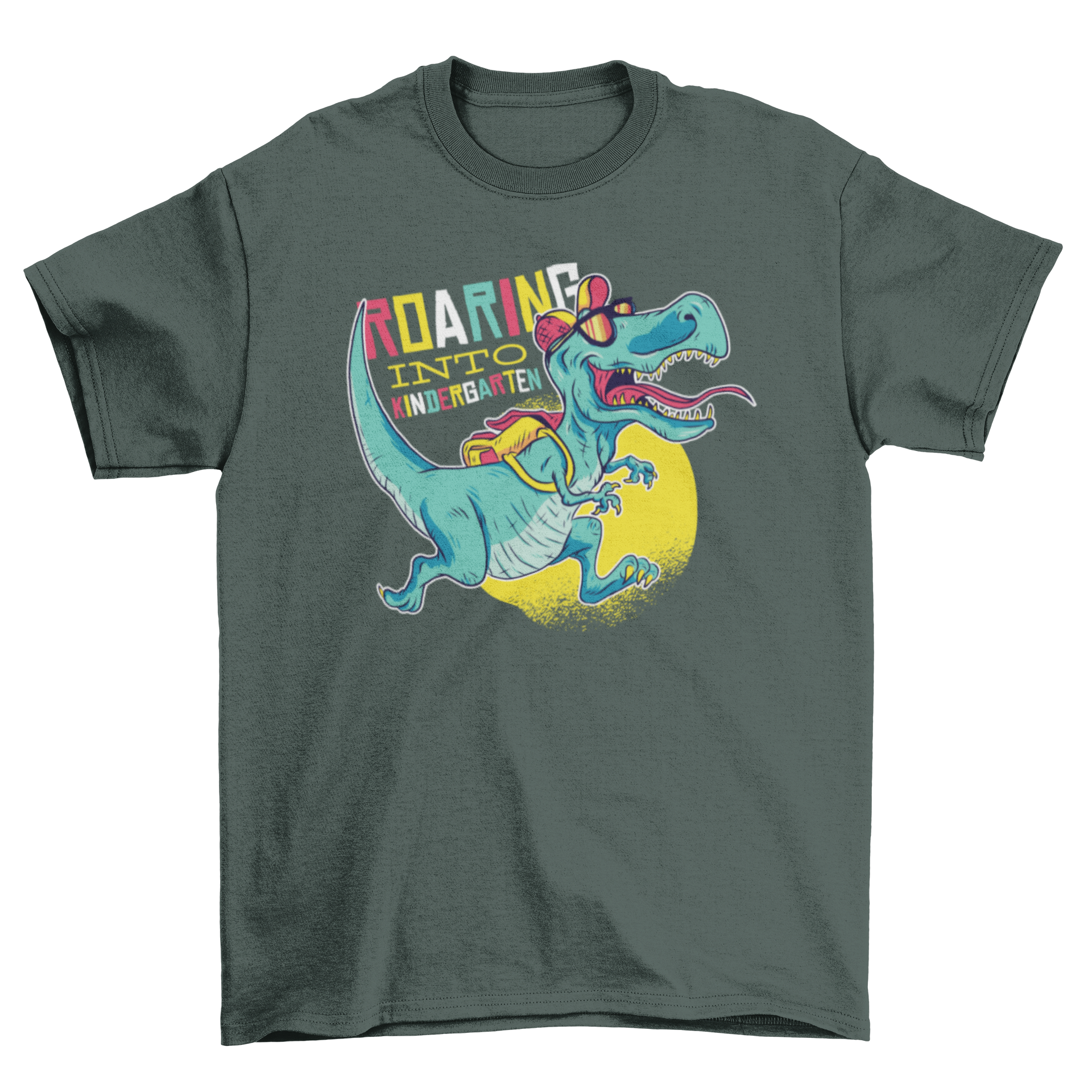 A colorful t-shirt featuring the phrase 'Roaring into Kindergarten' with a T-Rex wearing a hat, sunglasses, and a backpack.