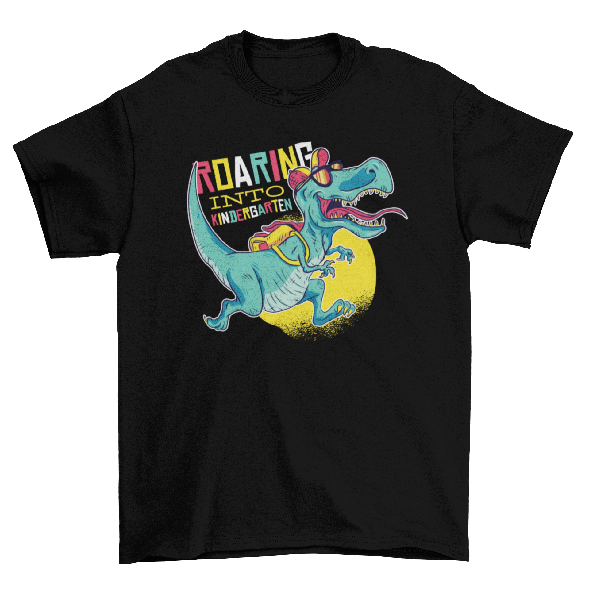 A colorful t-shirt featuring the phrase 'Roaring into Kindergarten' with a T-Rex wearing a hat, sunglasses, and a backpack.