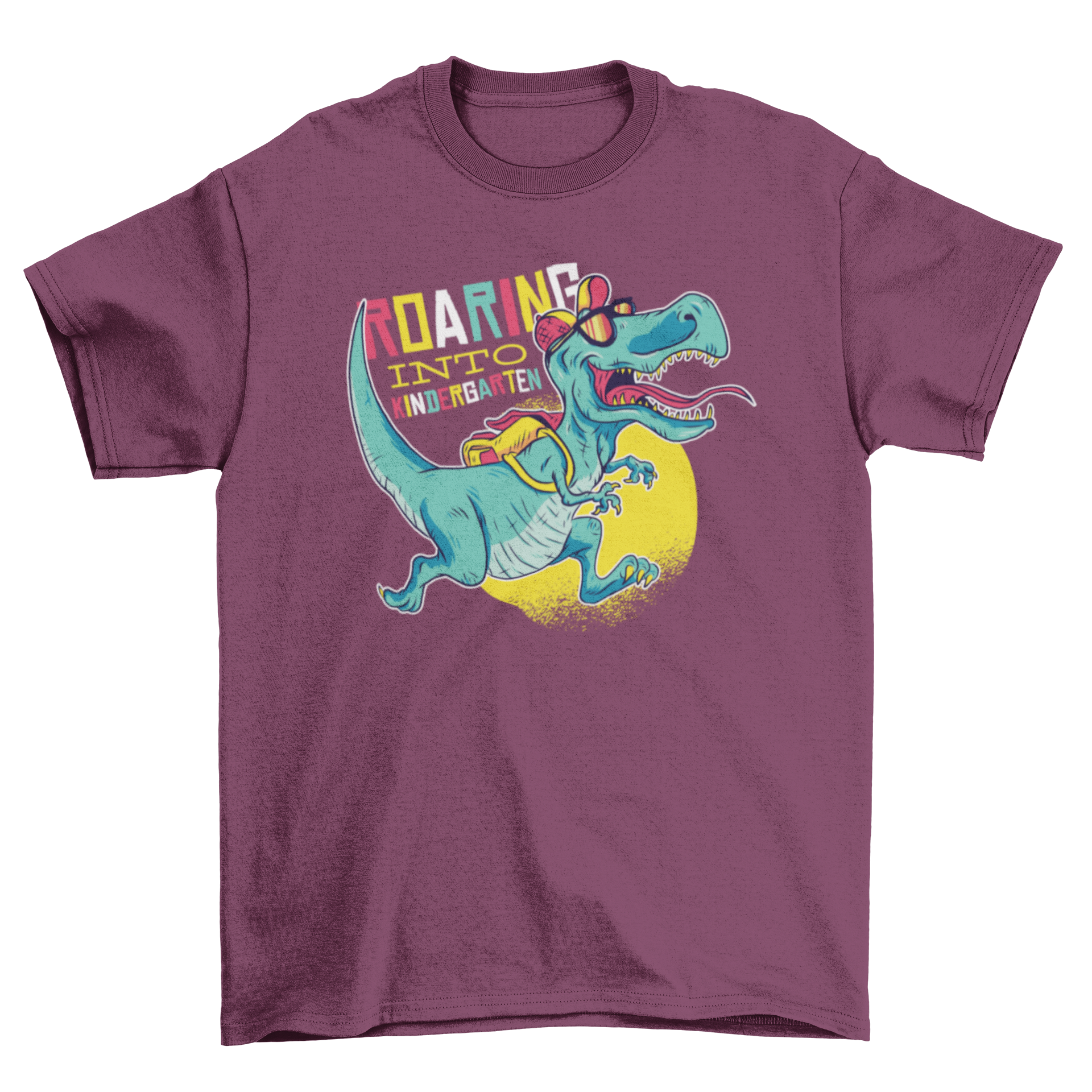 A colorful t-shirt featuring the phrase 'Roaring into Kindergarten' with a T-Rex wearing a hat, sunglasses, and a backpack.