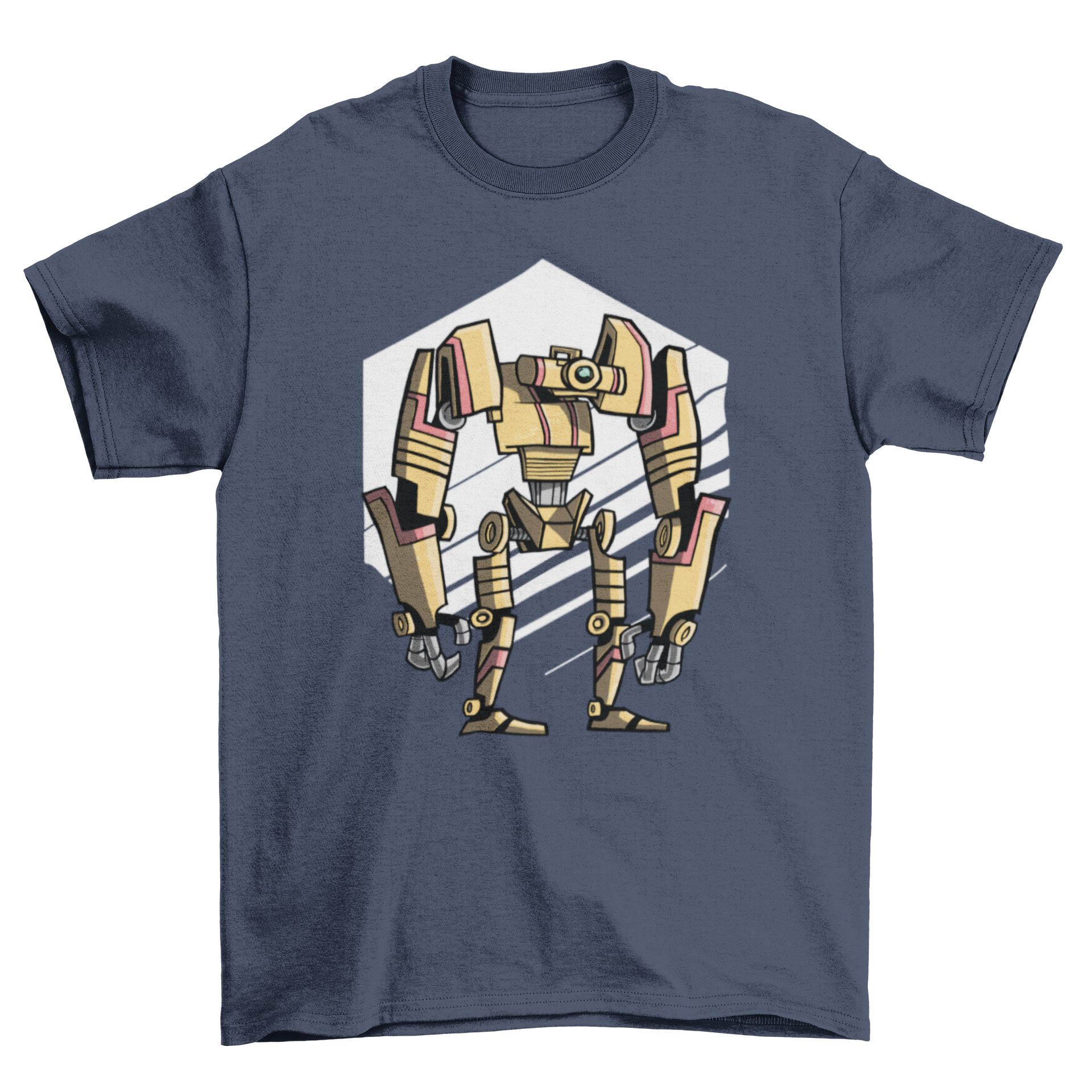 Robo One T-shirt D featuring a graphic design of a bipedal humanoid robot, showcasing modern and stylish apparel.