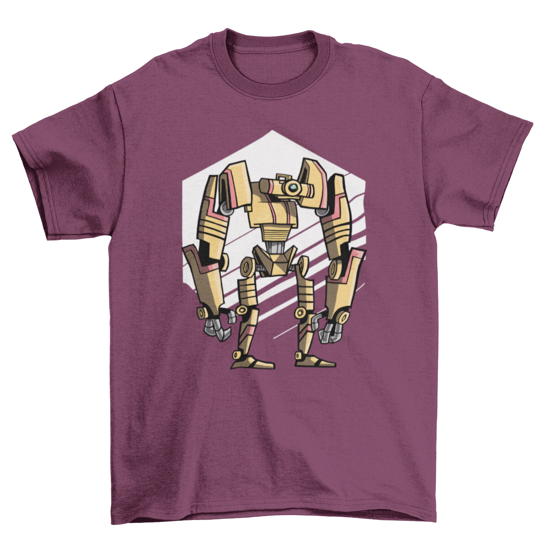 Robo One T-shirt D featuring a graphic design of a bipedal humanoid robot, showcasing modern and stylish apparel.