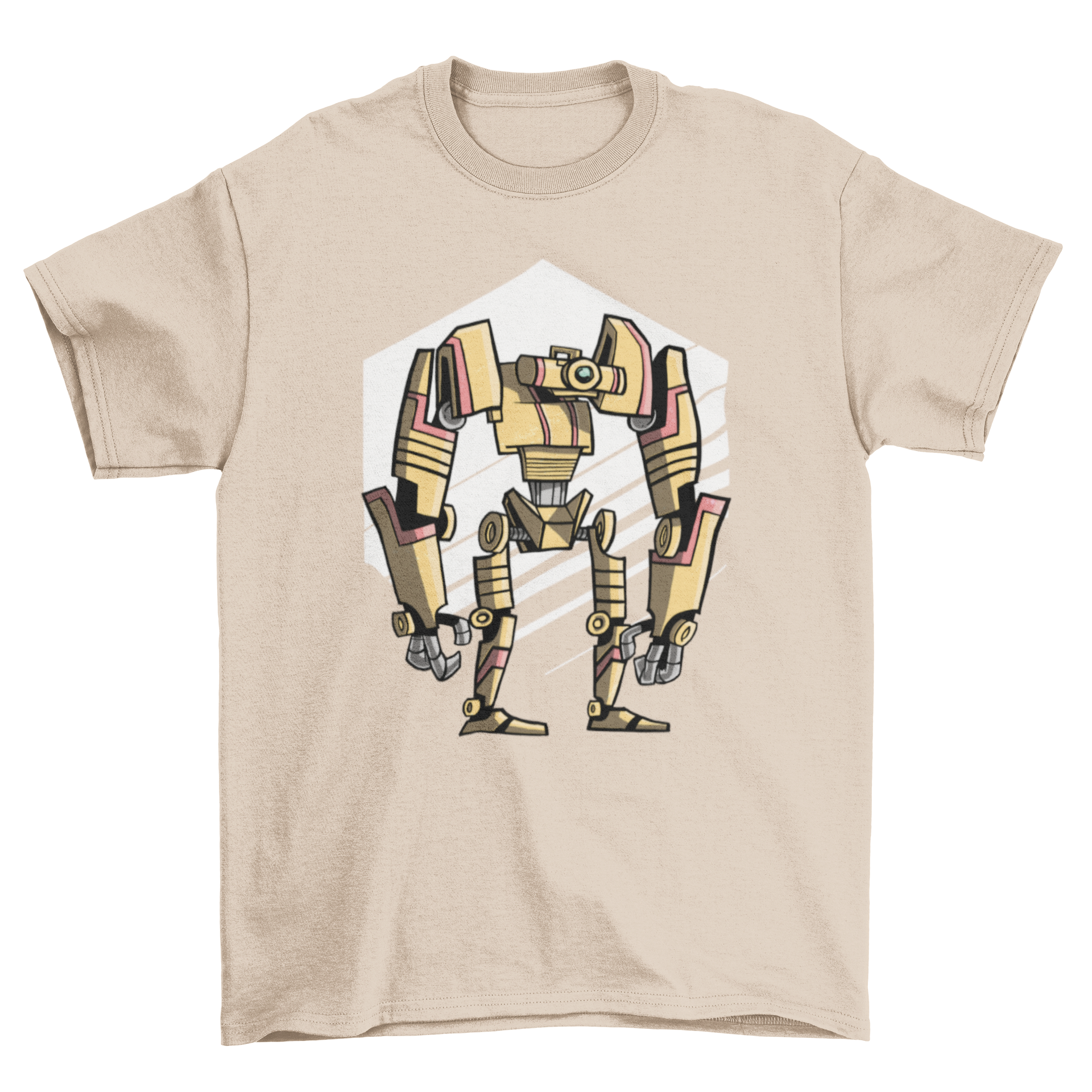 Robo One T-shirt D featuring a graphic design of a bipedal humanoid robot, showcasing modern and stylish apparel.