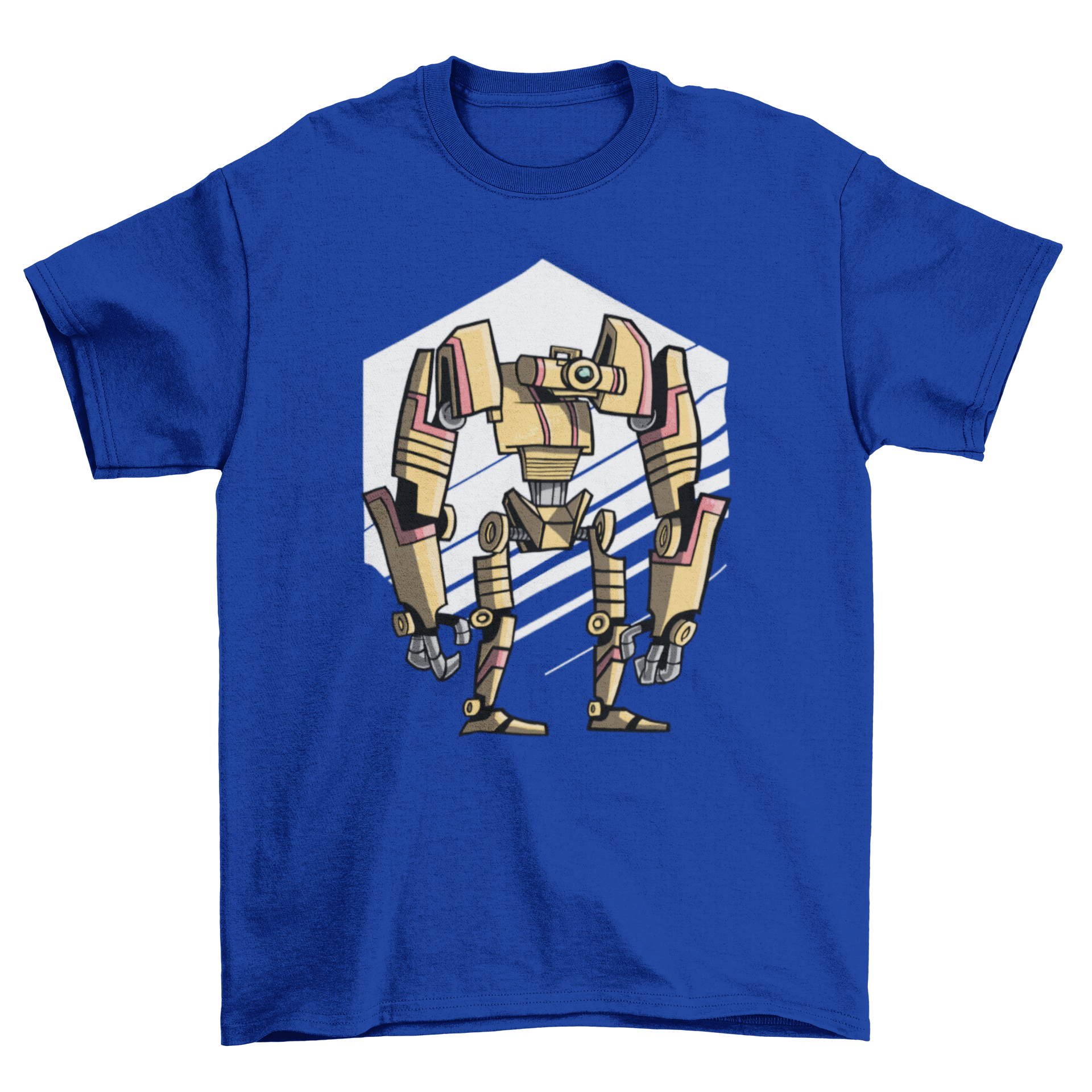 Robo One T-shirt D featuring a graphic design of a bipedal humanoid robot, showcasing modern and stylish apparel.