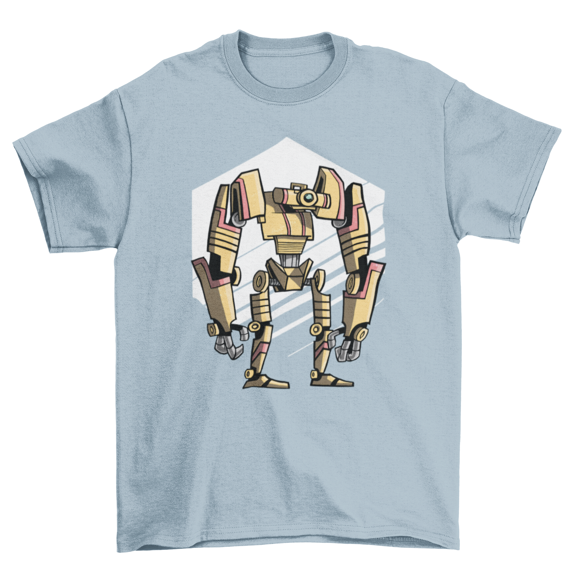 Robo One T-shirt D featuring a graphic design of a bipedal humanoid robot, showcasing modern and stylish apparel.