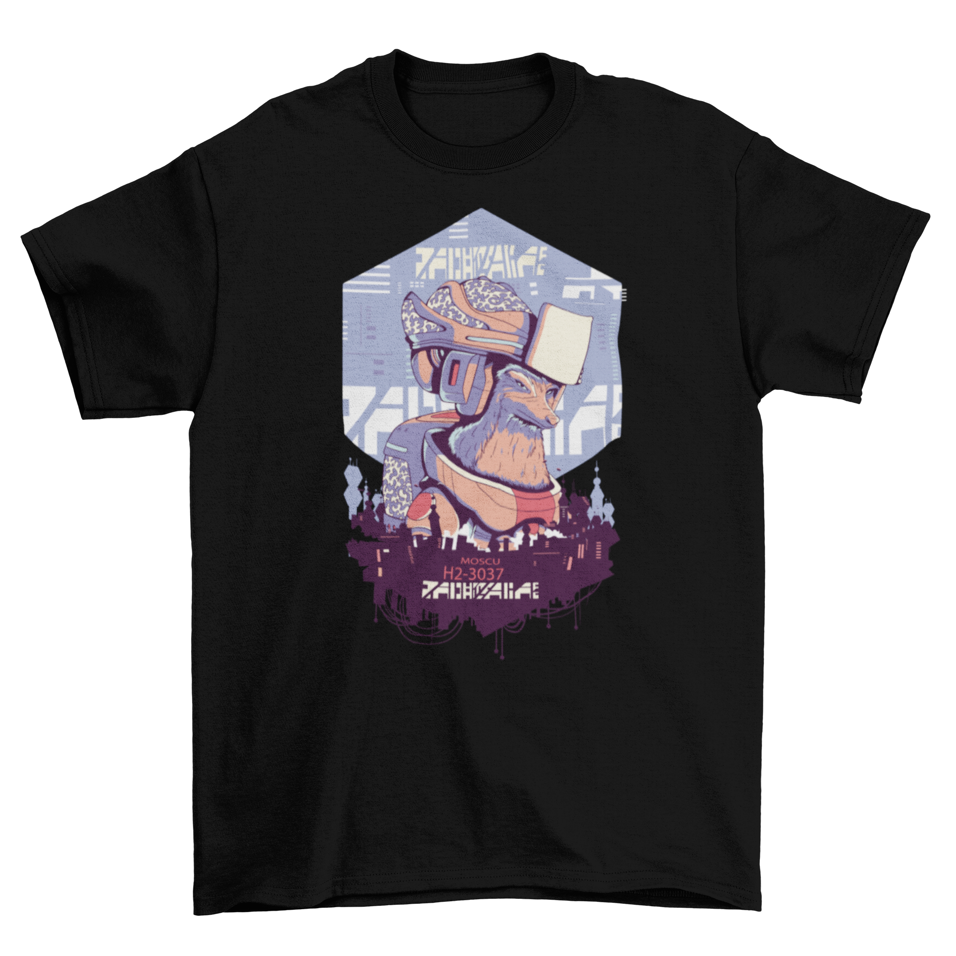A stylish t-shirt featuring a robot fox overlooking a futuristic city skyline, showcasing a blend of nature and technology.
