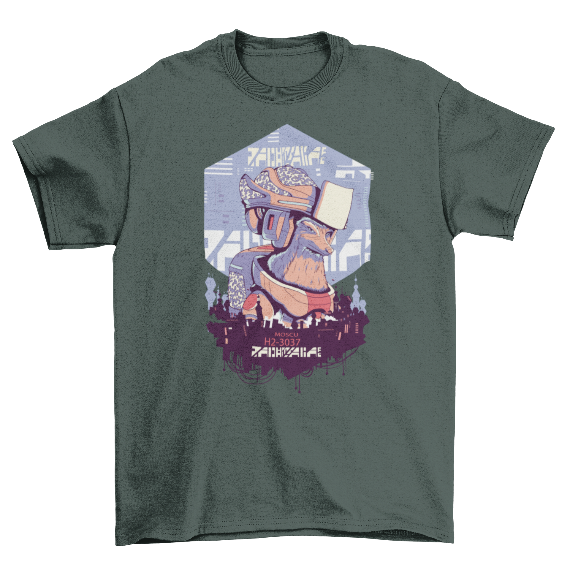 A stylish t-shirt featuring a robot fox overlooking a futuristic city skyline, showcasing a blend of nature and technology.