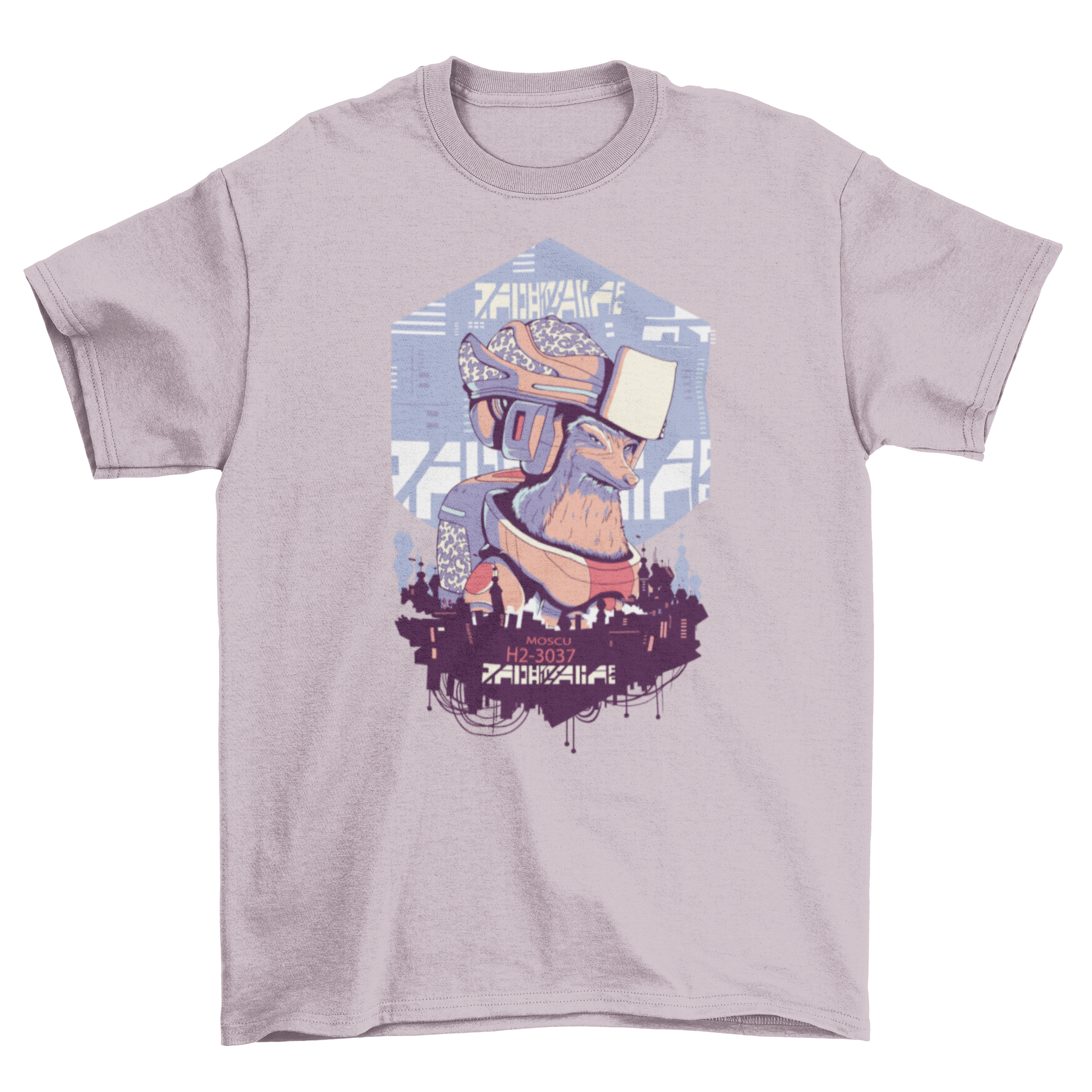 A stylish t-shirt featuring a robot fox overlooking a futuristic city skyline, showcasing a blend of nature and technology.