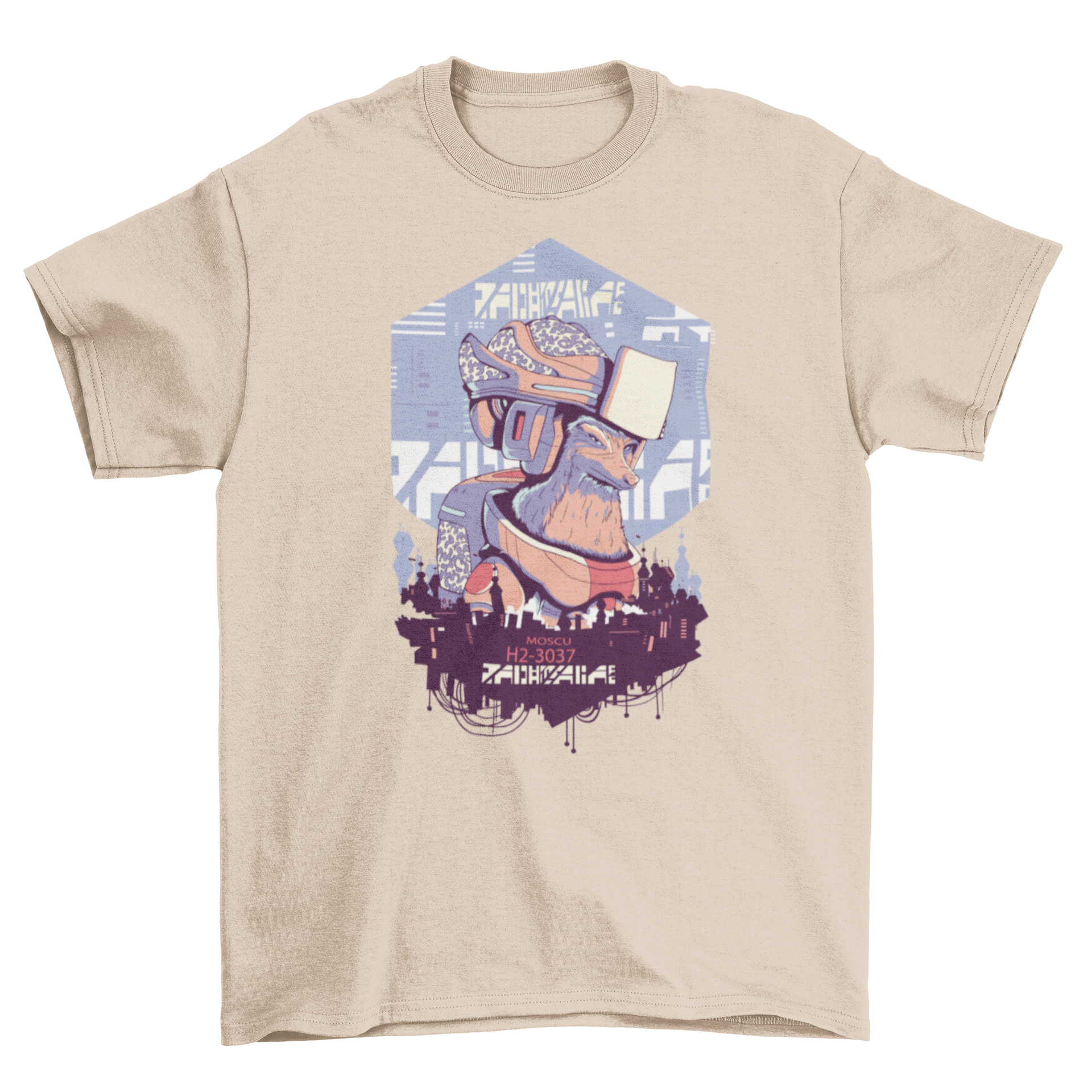 A stylish t-shirt featuring a robot fox overlooking a futuristic city skyline, showcasing a blend of nature and technology.