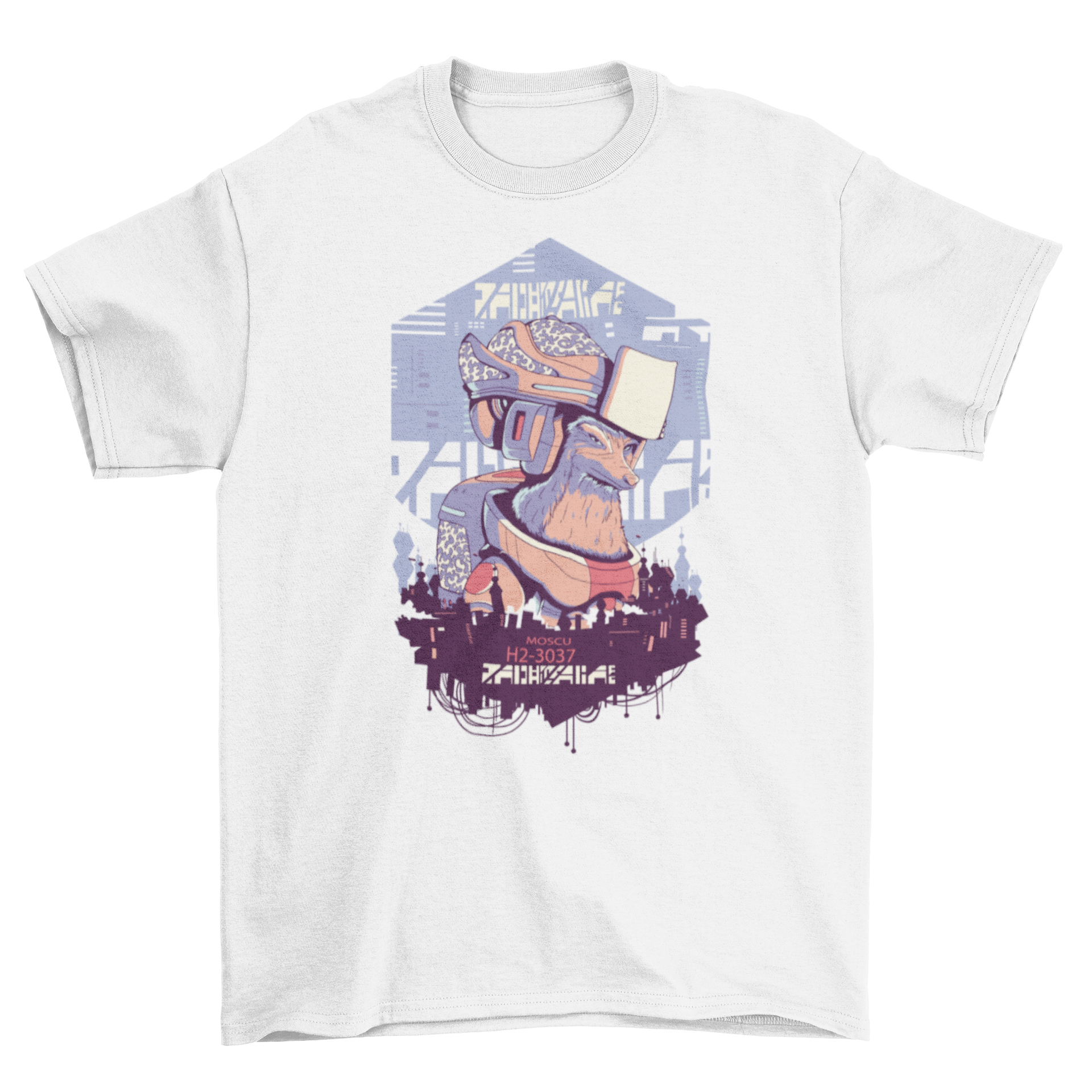 A stylish t-shirt featuring a robot fox overlooking a futuristic city skyline, showcasing a blend of nature and technology.