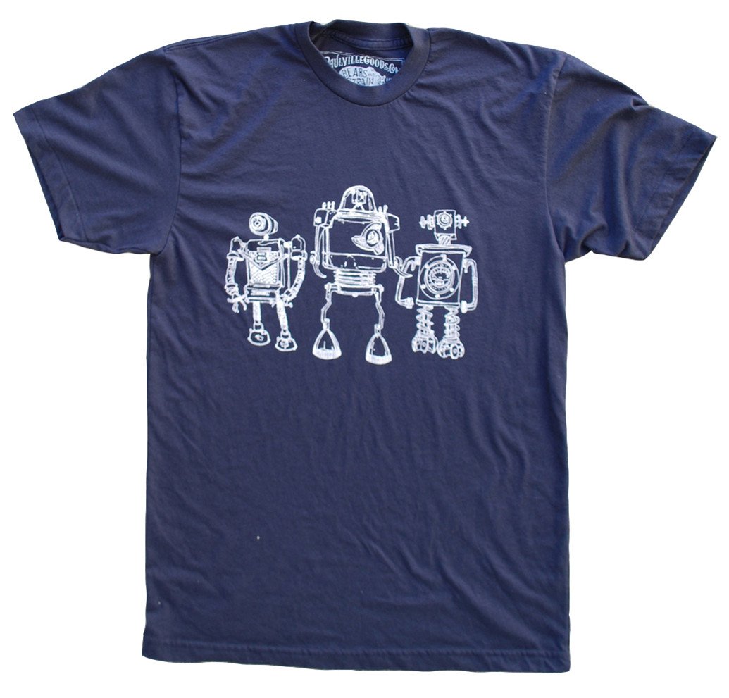 Robot Horizon Heather Black T-Shirt featuring retro robot design in white ink on a soft black fabric.