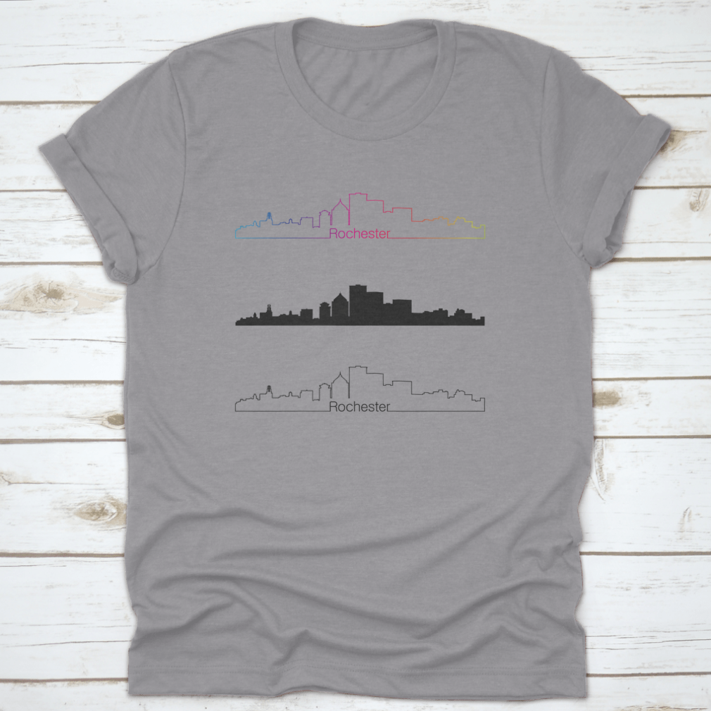 Rochester City Skyline design featuring a rainbow in a monochrome linear style, printed on a comfortable cotton shirt.